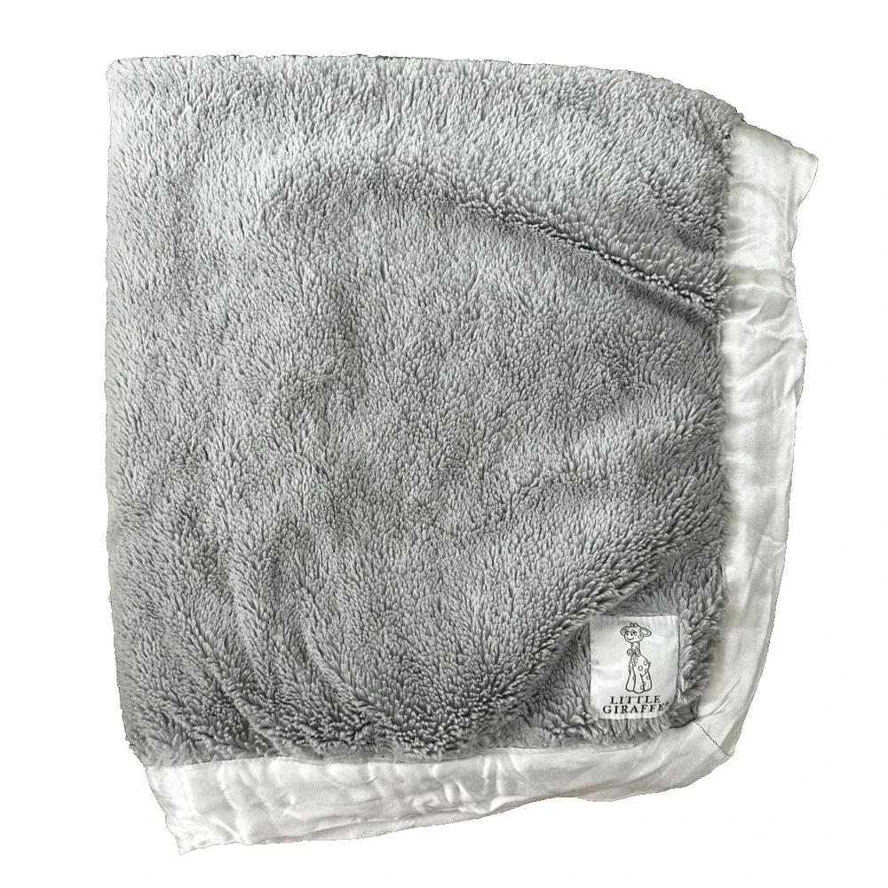 Little Giraffe Baby Blanket Grey White Satin Edge Thick Furry